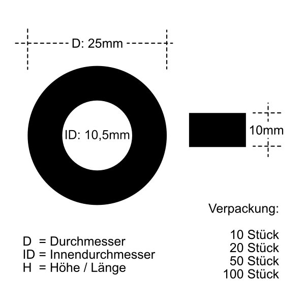 Distanzh&uuml;lsen, Abstandhalter - M10 - D:25mm x ID:10,5mm POM Kunststoff 10 mm 10 Stk