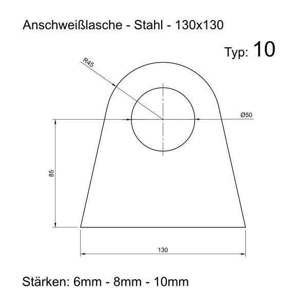 Anschwei&szlig;lasche - Einh&auml;nge&ouml;se - Lasche - Zurr&ouml;se - Stahl S355 t10_130x130 10 mm